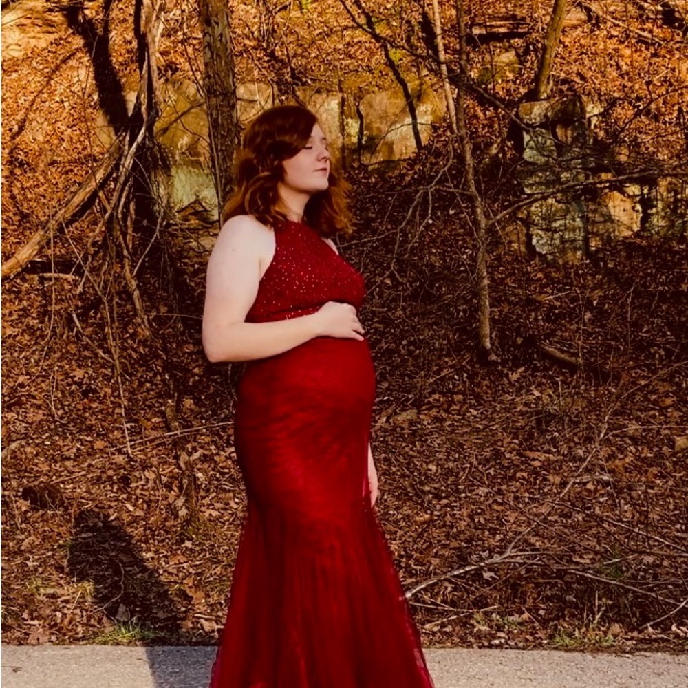 David's Bridal Red Halter Maxi Gown